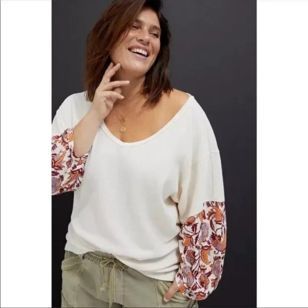 Anthropologie Annette Floral Sleeve Boho Waffle Knit Top Size S Ivory Worn Once